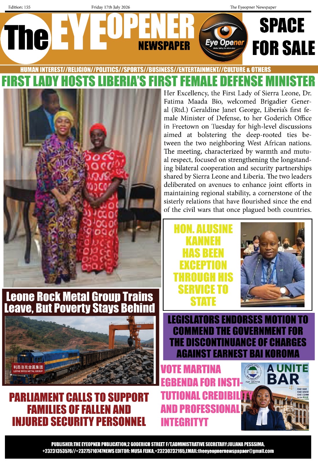 Publication and Frontpage of the Eyeopener Newspaper for Friday 17 July 2026